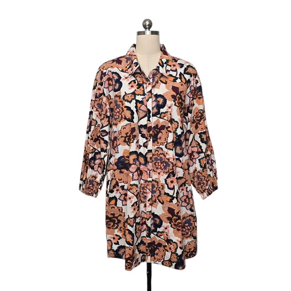 Cleobella Womens Organic Cotton Floral Button Up Mini Shirt Dress Medium NO BELT